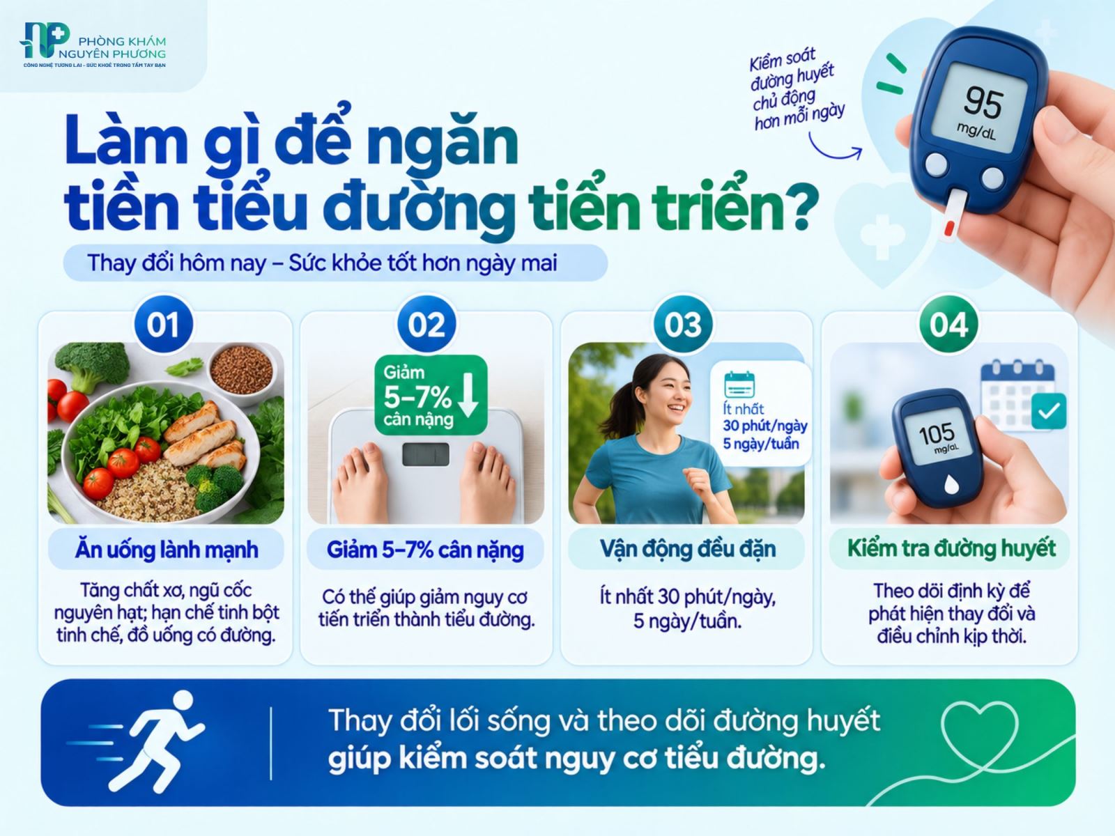 Cách kiểm soát tiền tiểu đường bằng chế độ ăn, vận động và theo dõi đường huyết